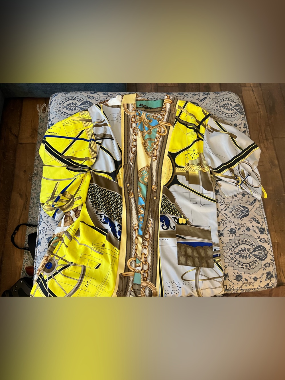 Luxury Kimono Jacket in Yellow &White an equestrian and heraldic scarf layout